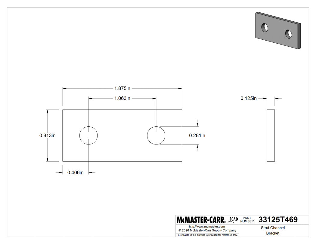 Technical Drawing of Strut Channel Bracket, Straight, Zinc-Plated Steel, 1-7/8" Long.